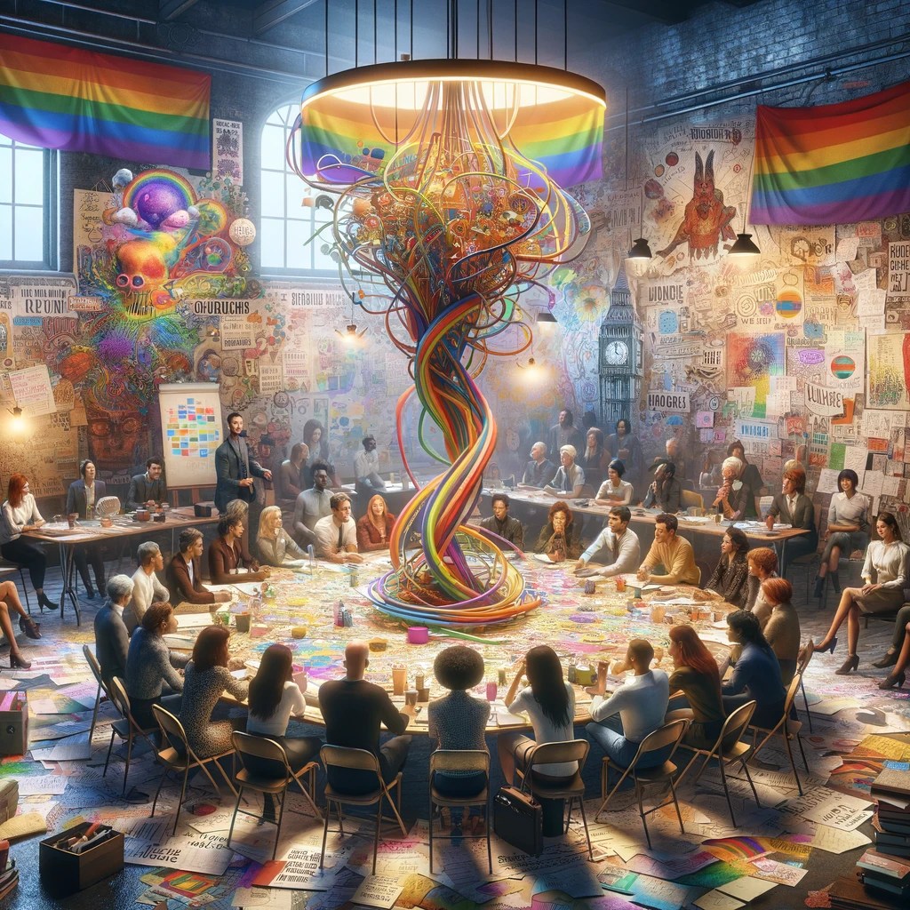 A ChatGPT/Dalle image showing a lot of people at a table pitching ideas, with lots of post-it notes, sheets of paper, and rainbow colours everywhere.