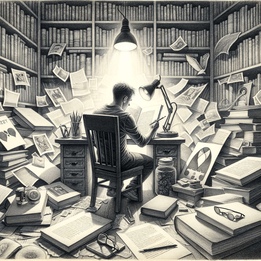 A pencil drawing image of Arnold Miles reviewing LGBT+ work, surrounded by a messy collection of books, paper and objects. 